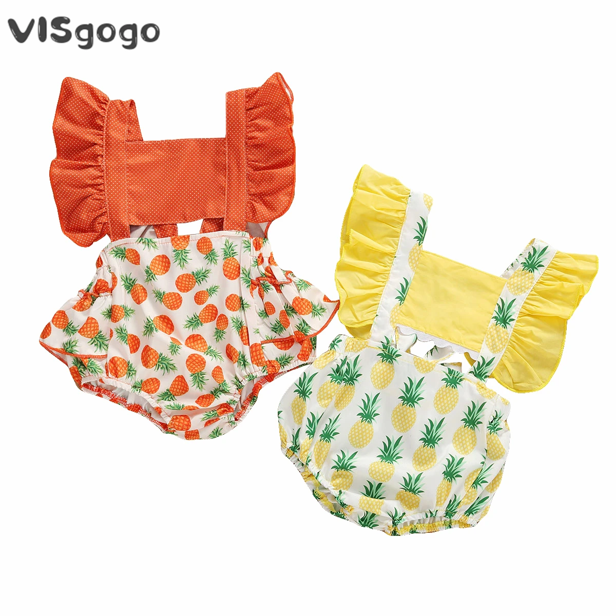 

VISgogo 0-24M Baby Girl Rompers Clothes Fruit Print Ruffles Sleeve Pineapple Backless Lace up Rompers Baby Summer Clothing