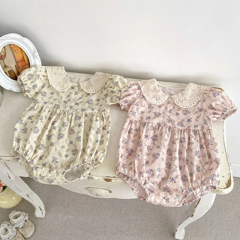2024 New Summer Korean Style Climbing Suit Short Sleeved Cotton Print Toddler Baby Girls Jumpsuit 0-24M Baby Girl Clothing 4