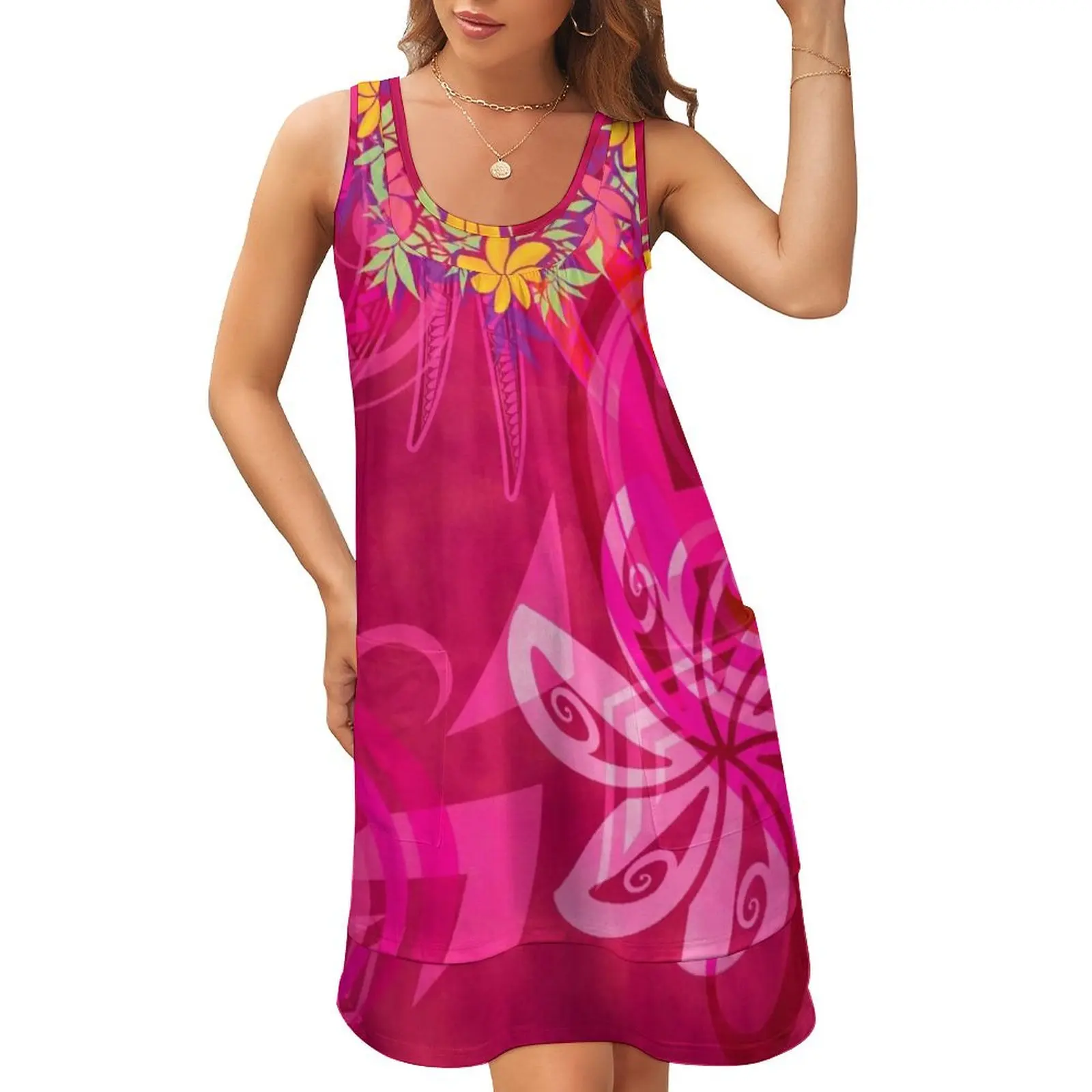 

Hawaiian - Samoan - Polynesian Lei Please Pink Tribal Sleeveless U-Neck Fake Two Piece Dress Women long dress