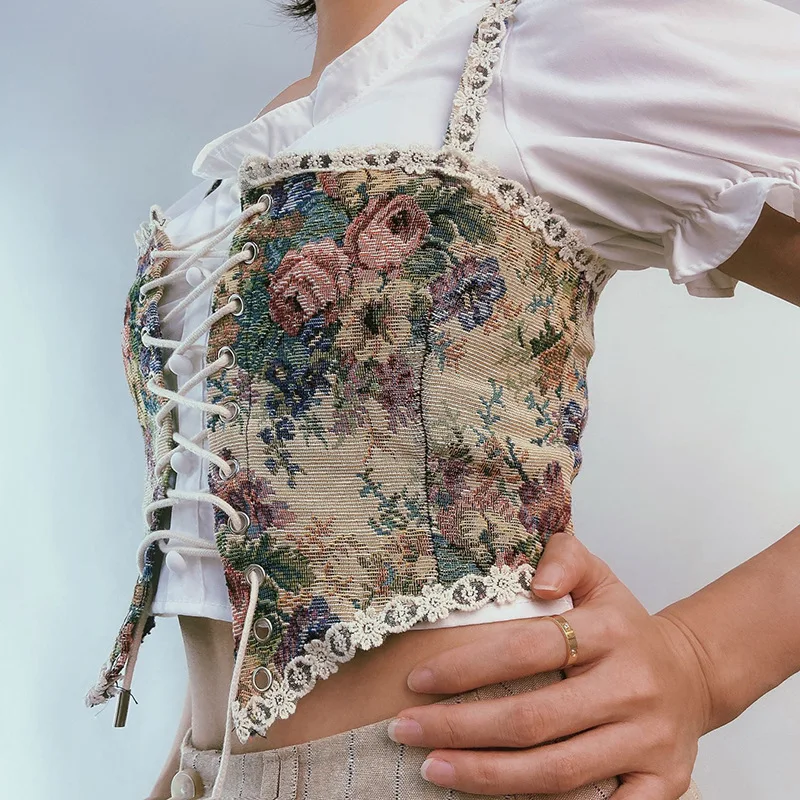 Women Elegant Designer French Vintage Print Halter Tops Chic Bandage Floral Corset Shirts Sexy Style Party Club Ladies Top