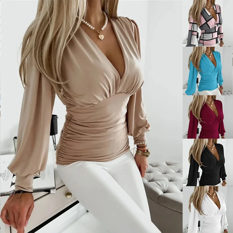 

Women's Long Sleeve T-shirt Spring Autumn Ladies Fashion Sexy Deep V Neck Slim Pullover Top Daily Commuter Blouse S-2XL