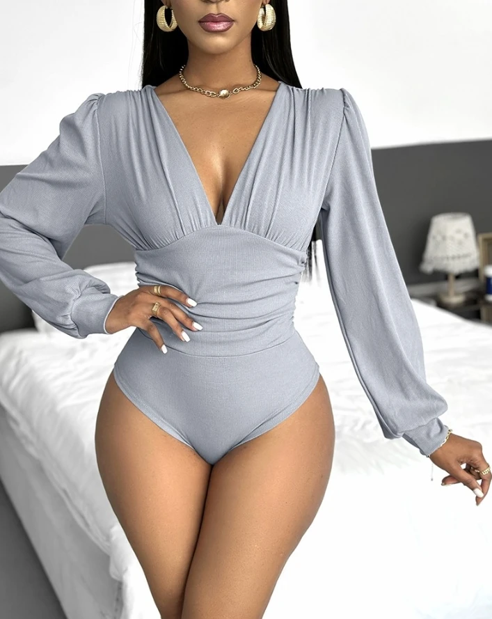 

Sexy Long Sleeved Deep V-Neck Pleated Ribbed Young Girl's Tight Fitting Jumpsuit Is Out of Stock