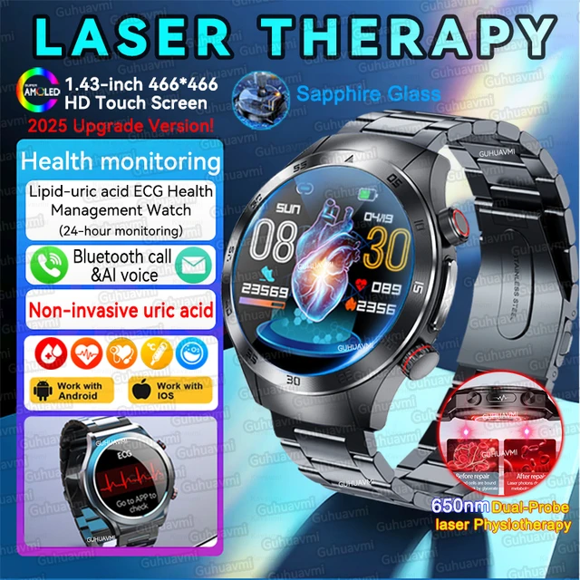 2026 New Precise Laser Therapy Bracelet ECG+PPG Smartwatch Men Uric Acid Blood Lipid Health Monitor Bluetooth Call Smartwatches