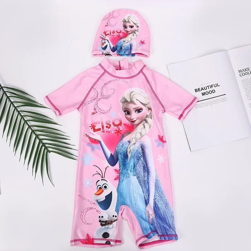 Baby Boys Cartoon Mickey Minnie Spiderman Sophia Elsa Print Swimwear Swimming One Piece Swimsuit Cap Suit Beachwear Girl Clothes