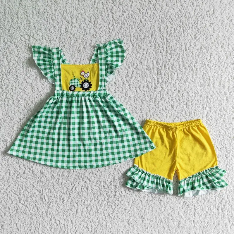 

Wholesale Baby Girl Embroidery Farm Clothing Children Summer Tractor Chick Green Plaid Top Toddler Ruffle Shorts Kid Outfit Set