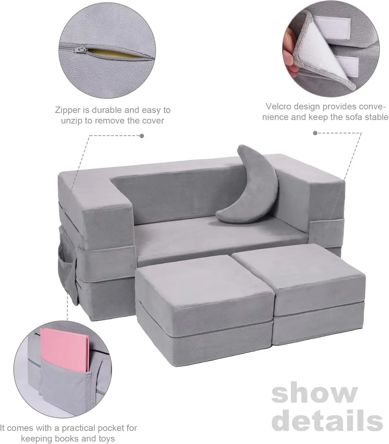 Modular Kids Sofa,Toddler Couch Foam Armchair for Kids, Children Convertible Plush Sofa Play Set,Fold Out Sofa Bed(Grey)