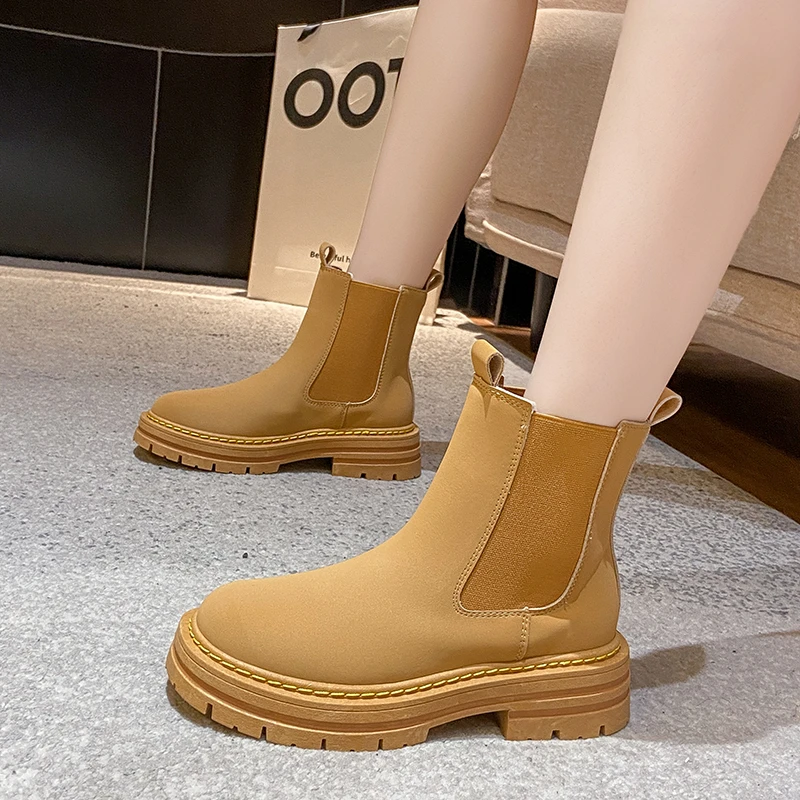 2023 Autumn Classic Pu Leather Ankle Boots Thick Bottom Women's Round Toe Ankle Boots Shoes Handmade Thick Heel Chelsea Boots