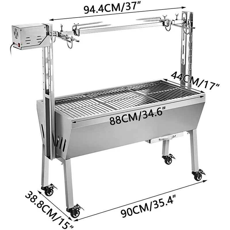 40KG/88 LBS Electric Roaster Grill 2 in 1 Rotisserie Grill W Lockable Wheels for Roasting Sheep Turkey Beef Fish BBQ Grill 2