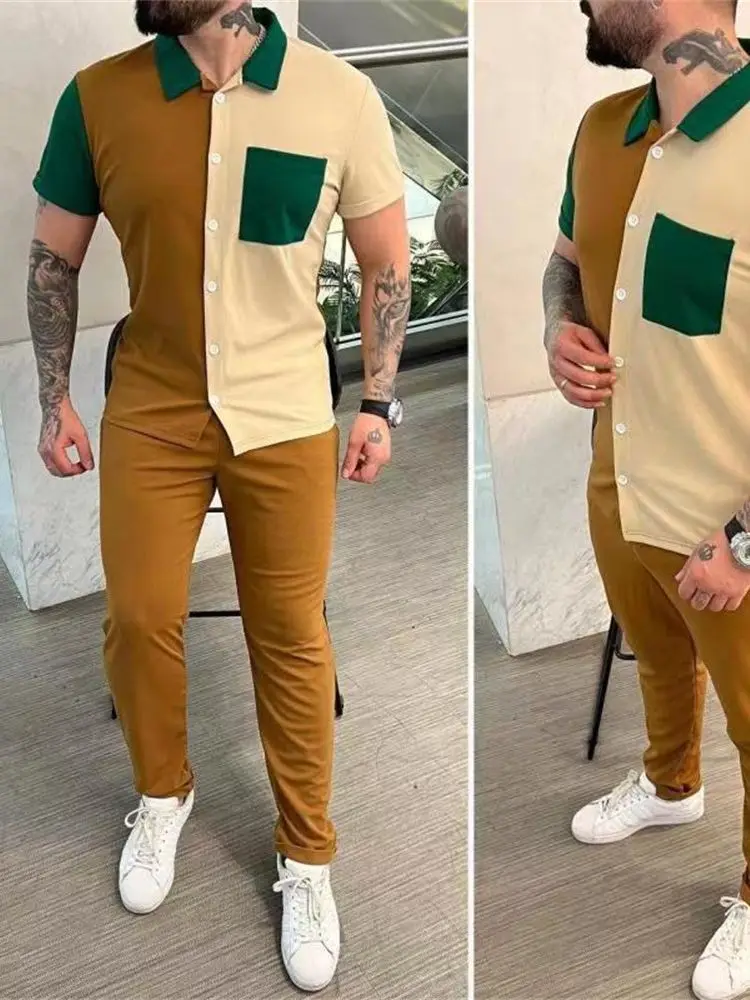 Spring and Autumn Popular Color Matching Men's Shirt Short-Sleeved Trousers Casual Sports Suit