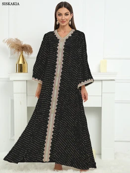Elegant Dress For Muslim Women Lace Tape Embroidery Button V Neck Long Sleeve Party Robe