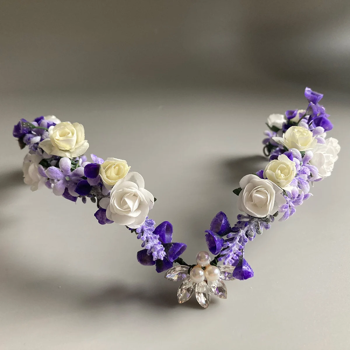 라벤더 엘븐 서클릿 요정 티아라 보라색 꽃 머리띠, 엘븐 크라운, V 자형 꽃 왕관, 보호 결혼 엘프 헤드피스