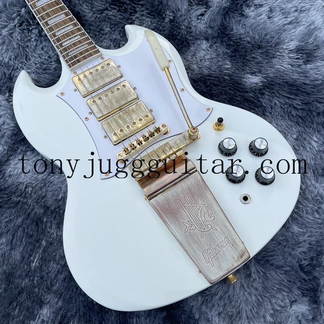 Double Cut High-Gloss White SG Electric Guitar Large Tremolo Bridge Gold  Hardware
