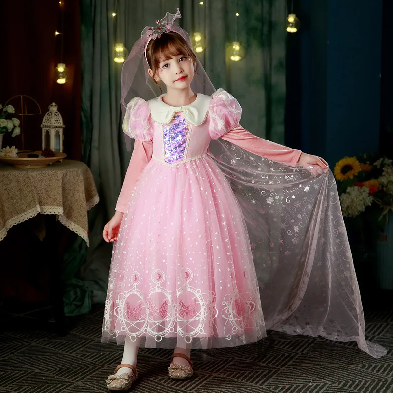Rapunzel Dress Girls Summer And Autumn Pink Girls' Birthday Sophia Cosplay Velvet Formal Princess Long Dress Per 2-10 Anni