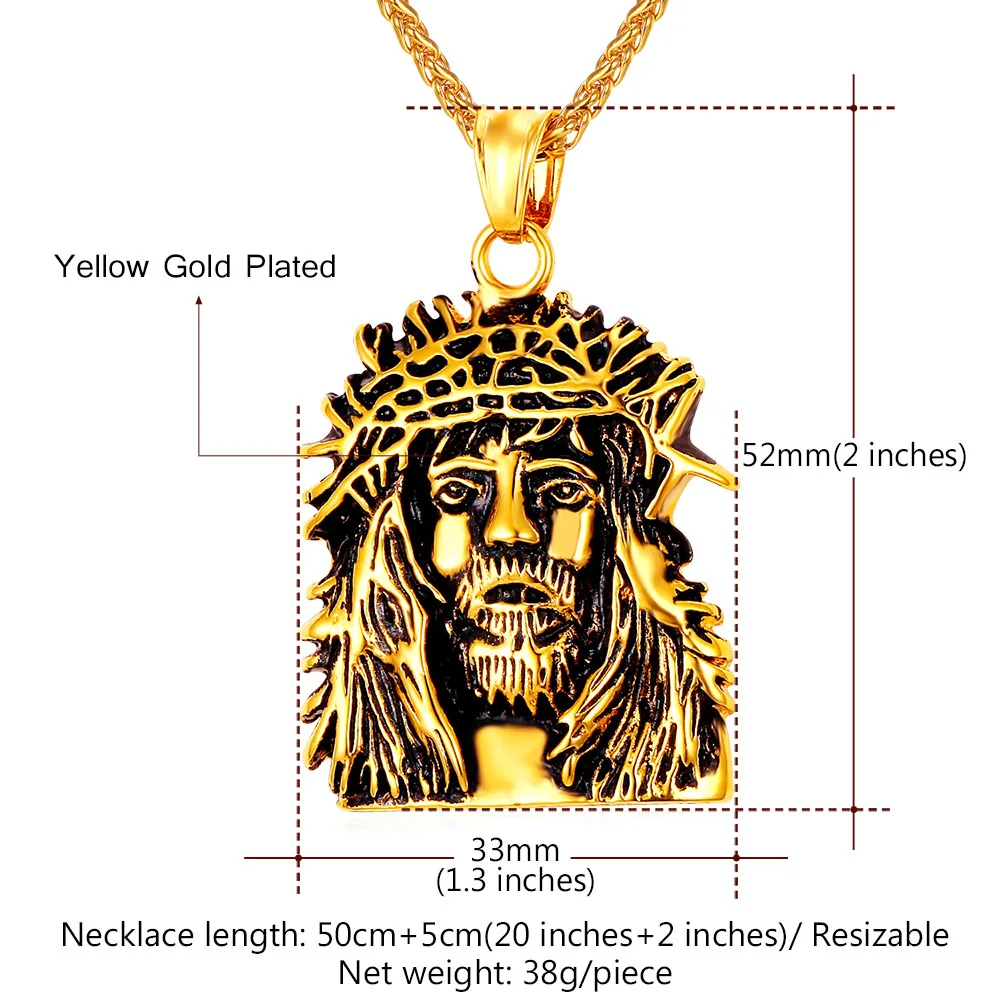 U7 Head of Jesus Cross Necklace 22inches Link Chain Stainless Steel Religious Charactor Pendant Men Jewelry