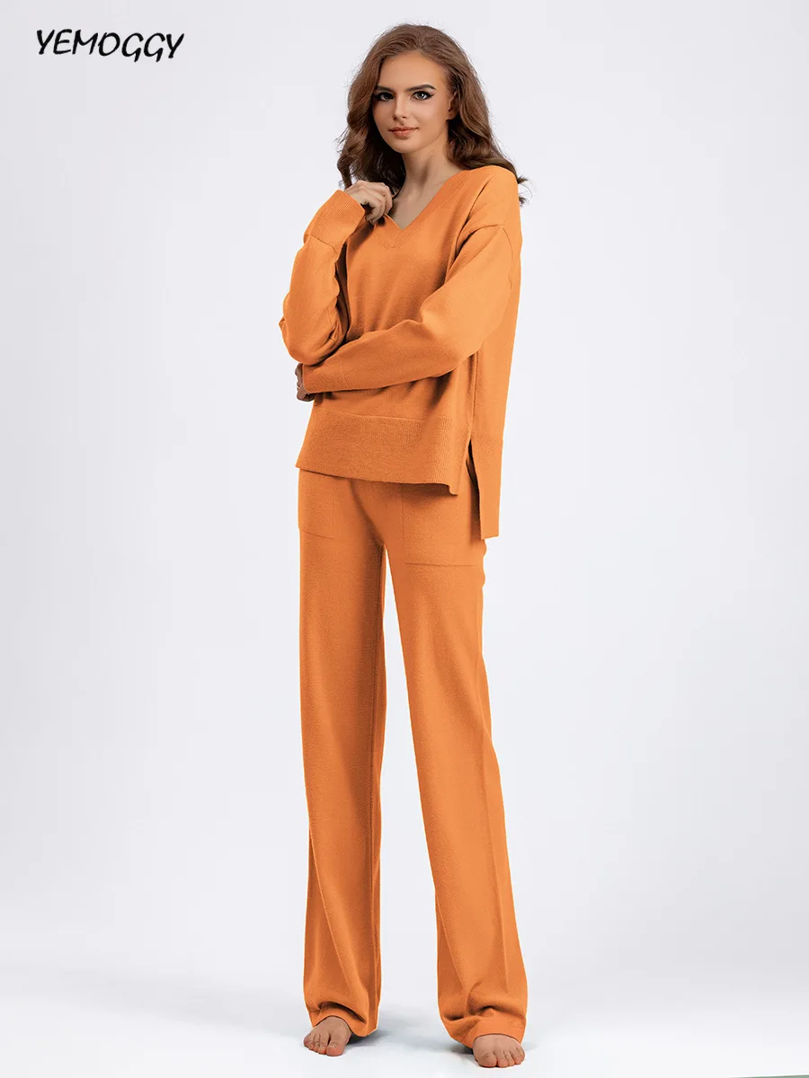 

Split Pullover Pants Set Women Tracksuits Autumn New Fashion Winter Loose Sweater with Pocket Wide Leg Pants Women 2 Piece Sets