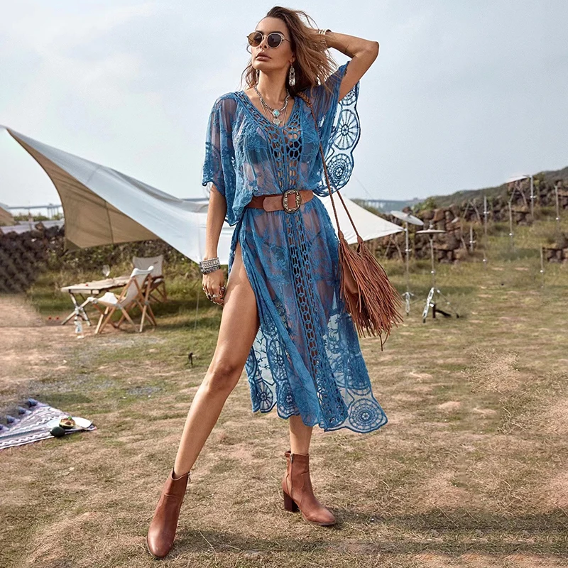 Crochet Cover Ups Women Summer 2023 Bikini Beach Dress Holiday Long Robes Lace Hollow Out Side High Split Maxi Vestidos