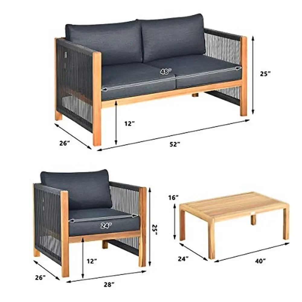 Outdoor Acacia Wood Furniture Set Loveseat Sofa 2 Single Chairs Coffee Table 4 Piece Conversation Set Grey with Cushions 5