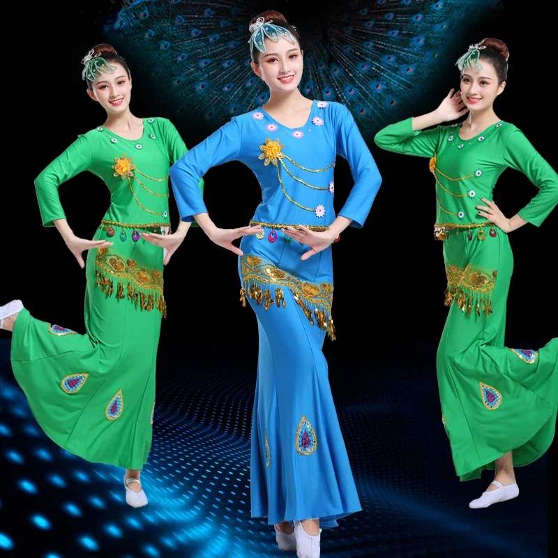 

Dai Dance Costume Long Sleeve Traditional Minority Peacock Dance Female National Fishtail Wrap Hip Minority Dance Dress Costumes