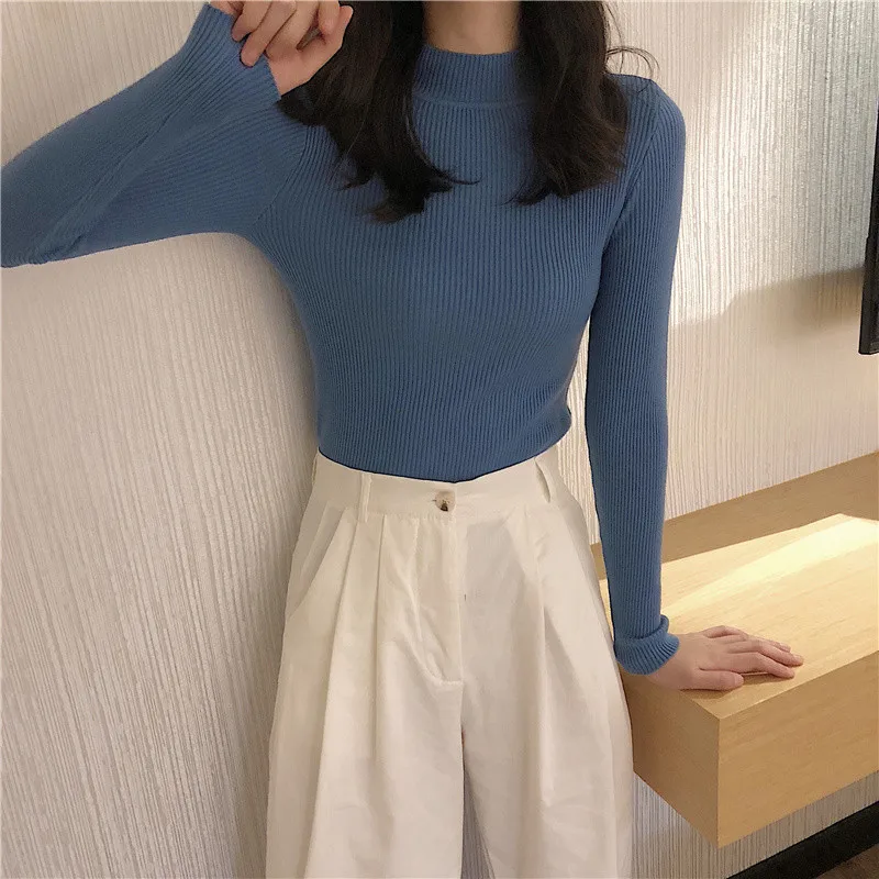 short sleeve cardigan Autumn Winter New Long Sleeve Pullover Sweater Solid Color Korean Version Half High Collar Slim Fit Knitted Bottomed Shirt Top blue sweater