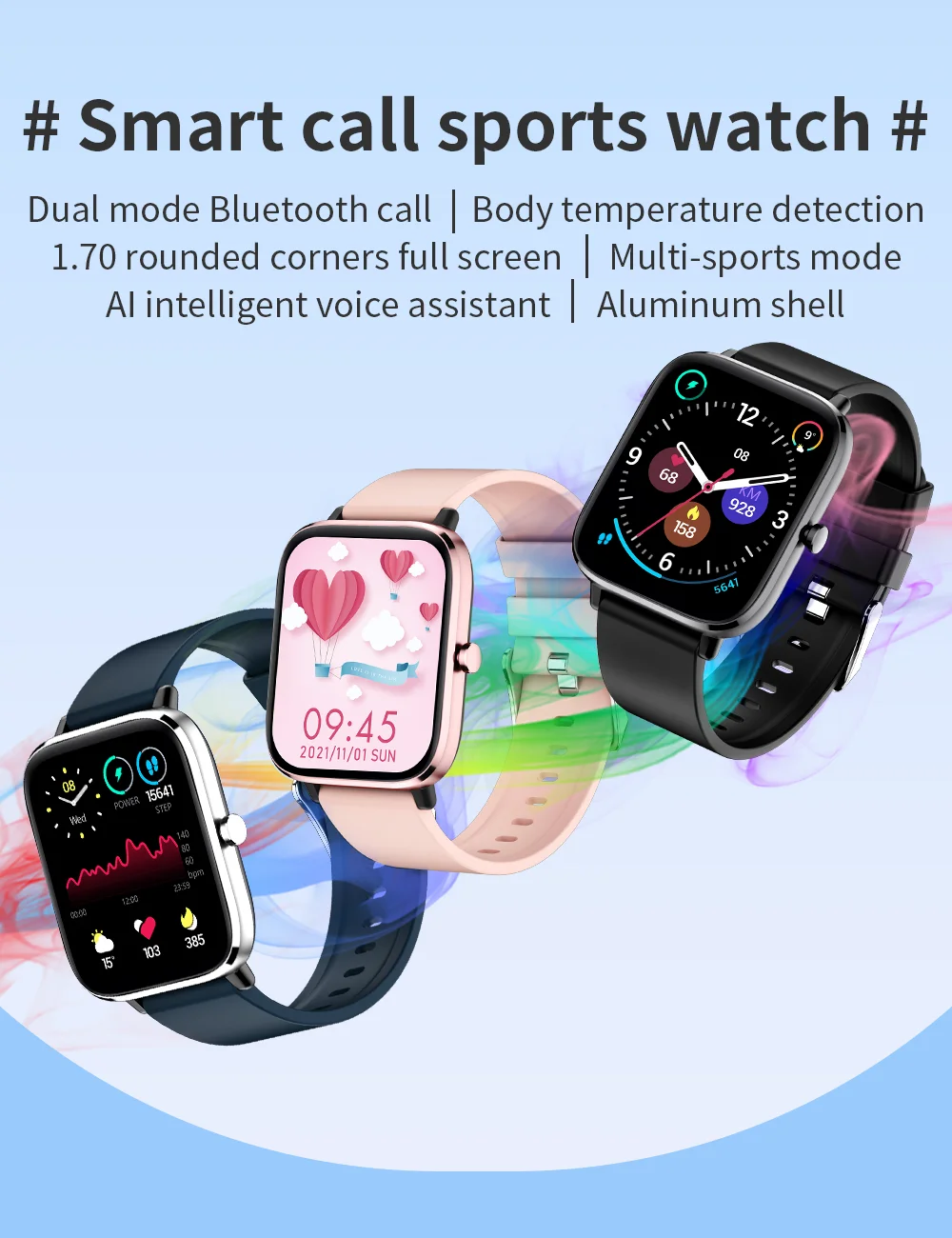 2022 Body temperature Bluetooth-compatibl calling Music control Heart rate Blood pressure  A variety of sports mode Smartwatch