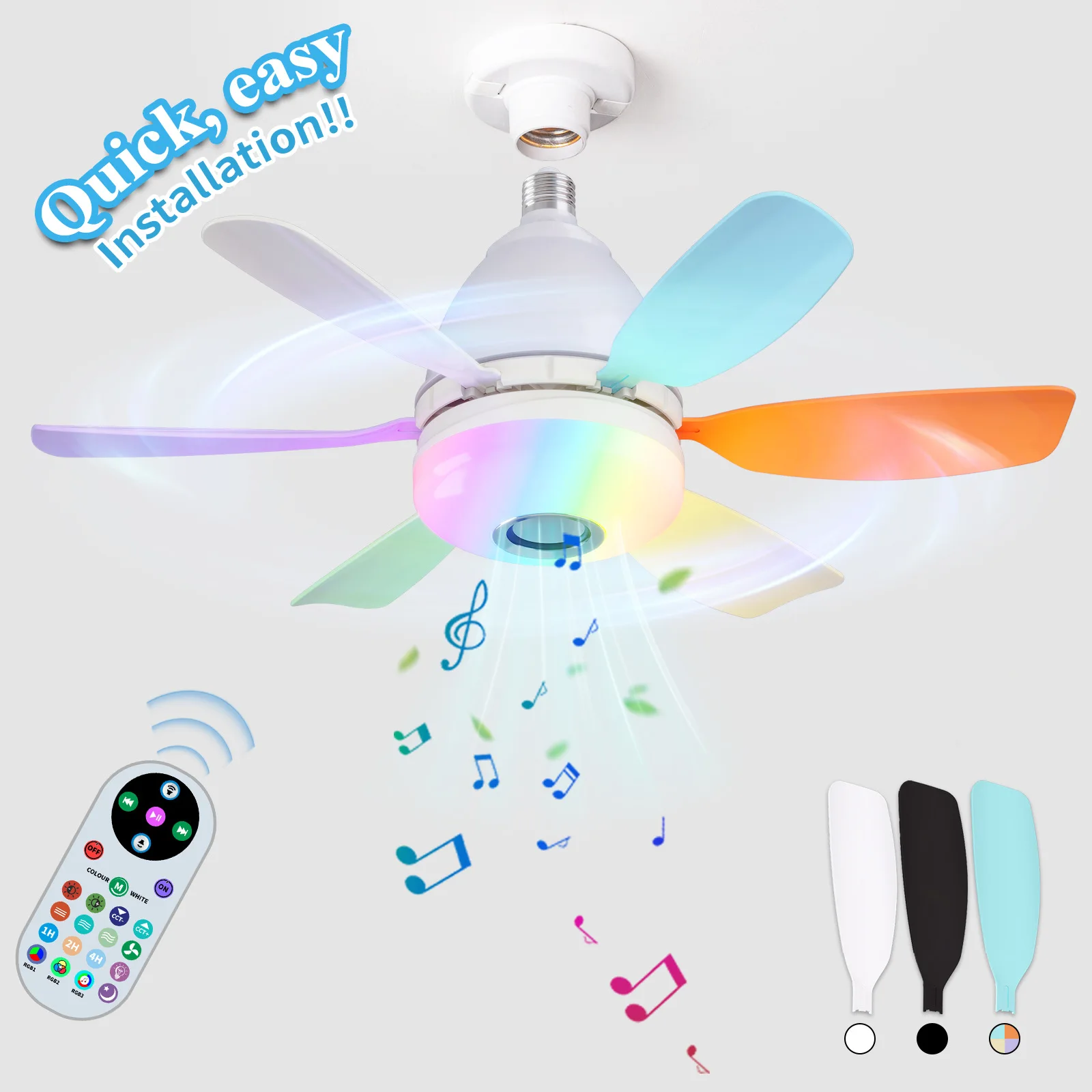 Ceiling Fans with Lights Remote Ceiling Fan RGB Dimmable Light Noiseless Black Modern Small Ceiling Fan for Bedroom Indoor