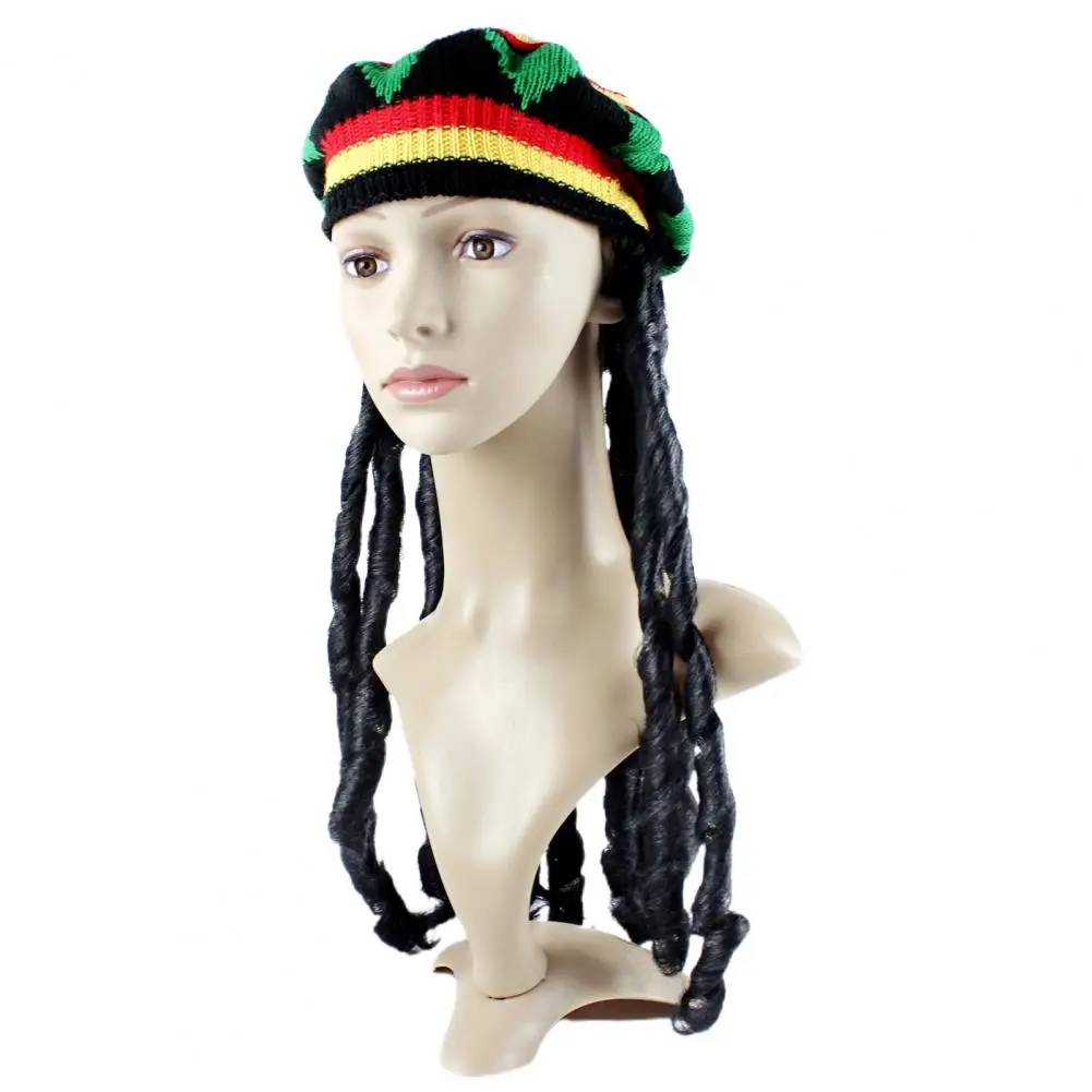 

Fake Braid Wig Hat Reggae-inspired Halloween Hats Woolen Knit Berets with Black Dreadlocks Fake Braids for Ethnic Style Costume