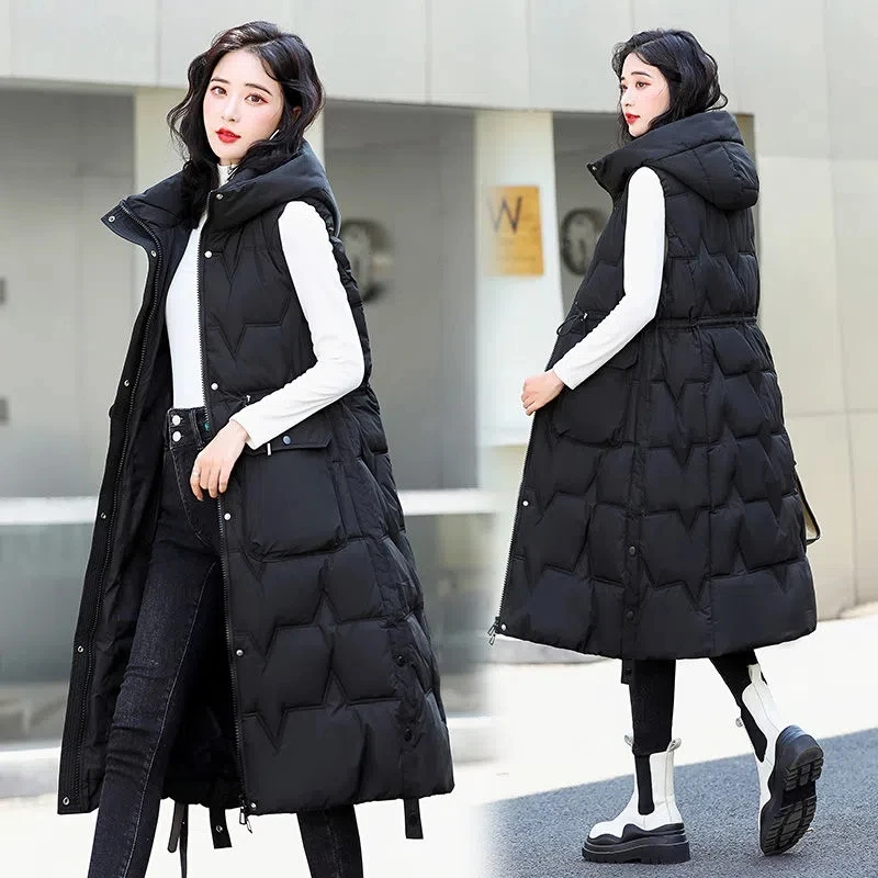 

2022 Winter Hooded Long Cotton Vest Jacket Thicken Warm Oversized Down Cotton Waistcoat Women's Loose Warm Sleeveless Jacket