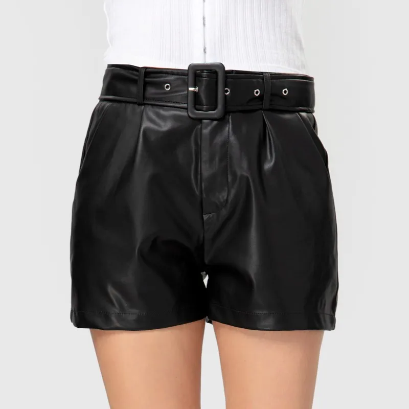 

FASHIONSPARK Women's Faux Leather Belted Shorts High Waisted Adjustable waistband Zipper Casual Stretchy PU Shorts with Pockets