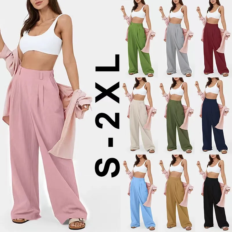 

Foreign trade women's pants, pure cotton, women's high waisted wide leg pants, casual loose pants