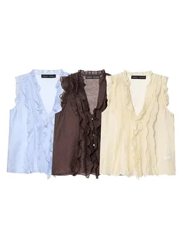 HH Women 2025 Summer Fashion Solid V-neck Laminated Decorative Sleeveless Top Female Temperament Thin 3-Color Casual Vest