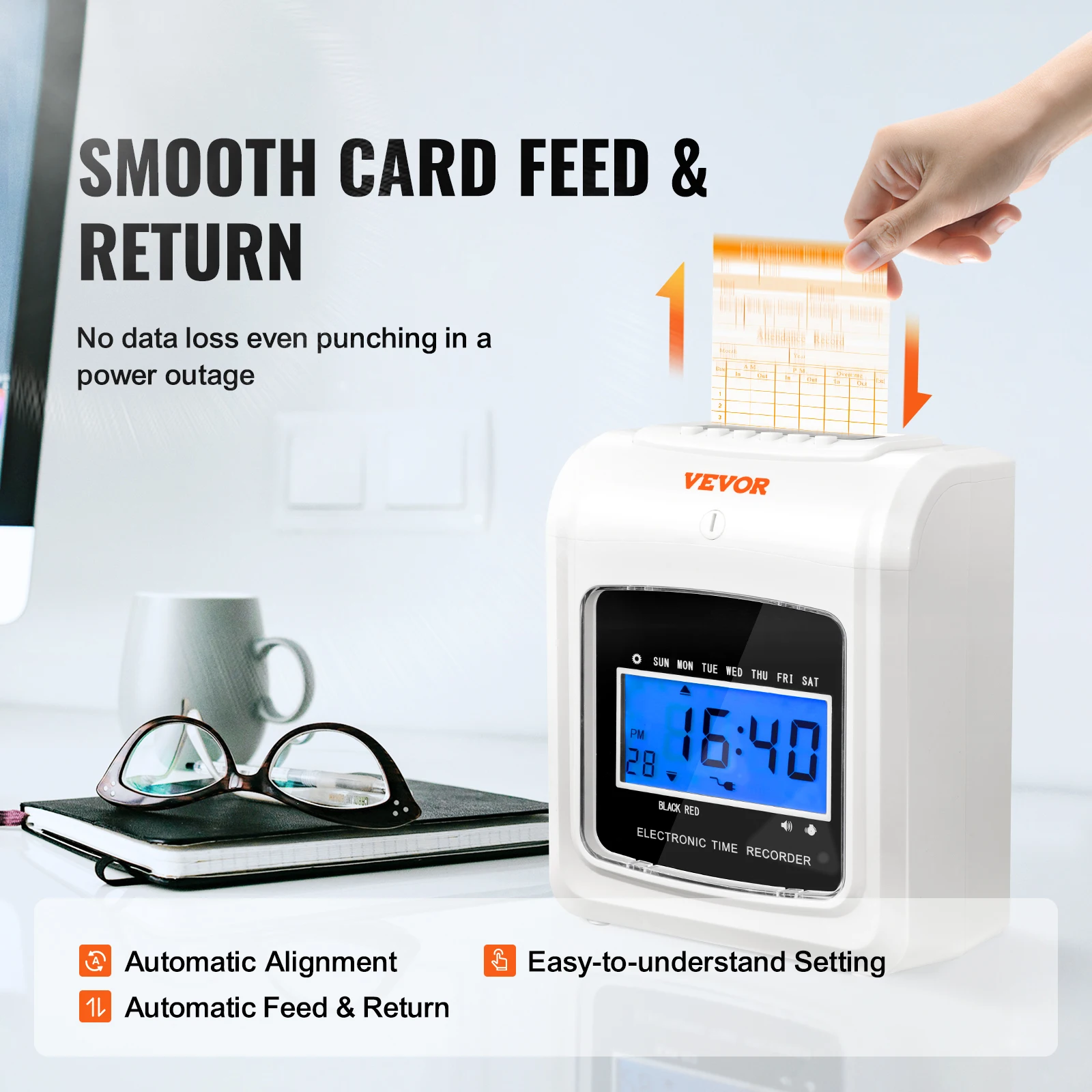 VEVOR Punch Time Clock Employees 6 Punches/Day 102 Cards 1 Ink Ribbon 2 Security Keys Attendance Machine