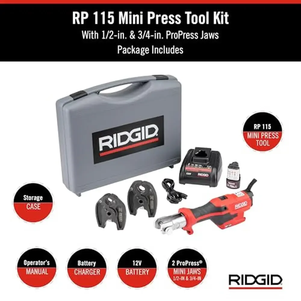 72553 Model RP 115 Compact Hydraulic Press Tool Kit with SlimGrip Handle and ProPress Jaws Lightweight Swivel Head One-Handed 2