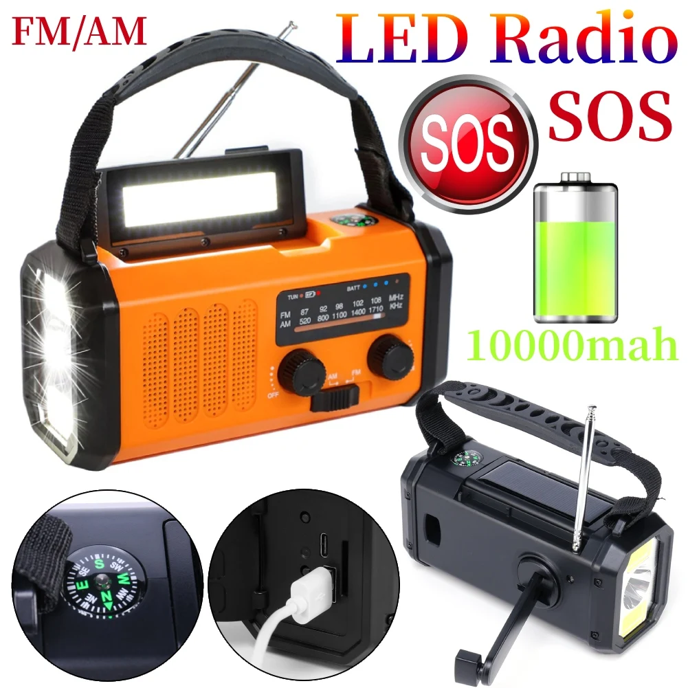 Solar Battery Operated Radio Powered AM FM emergency Radio SOS Alarm Type-C rechargeable portable radio with LED Flashlight