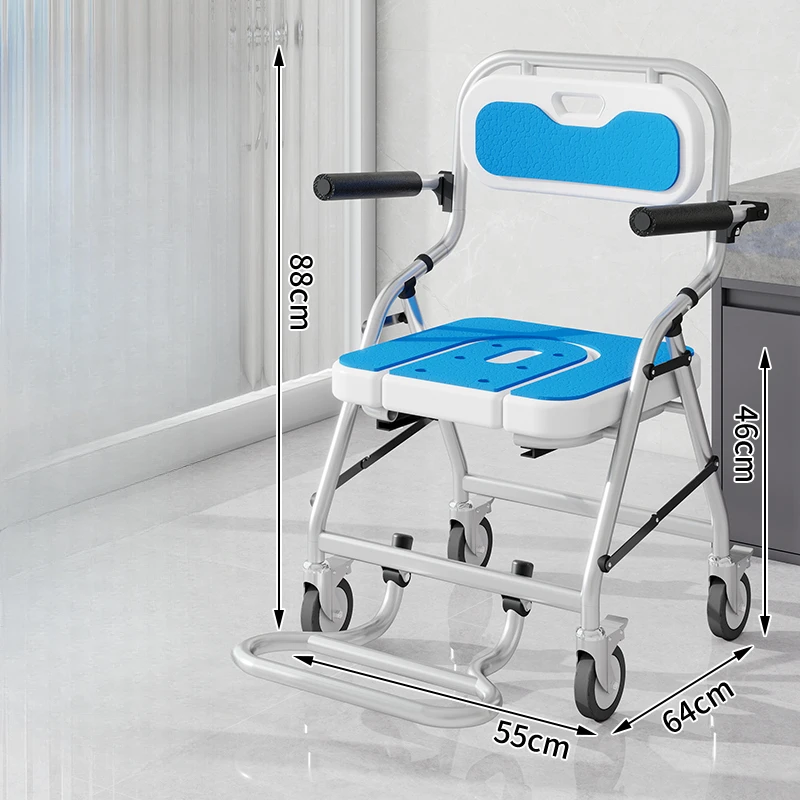 Foldable Bathroom Chair and Mobile Commode Shower Wheelchair for Elderly Handicapped Versatile Bathroom Chair Rotatable Handrail