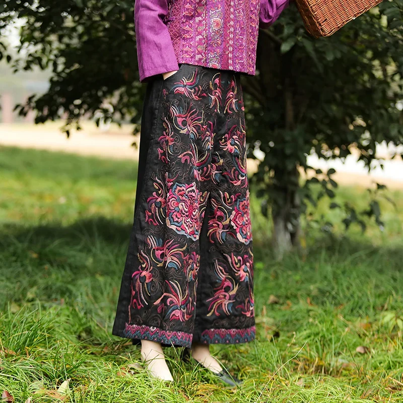 National Style Harajuku Vintage Black Cotton Linen Embroidered Women Wide Leg Trousers Elastic Waist Straight Skirt Pants Casual