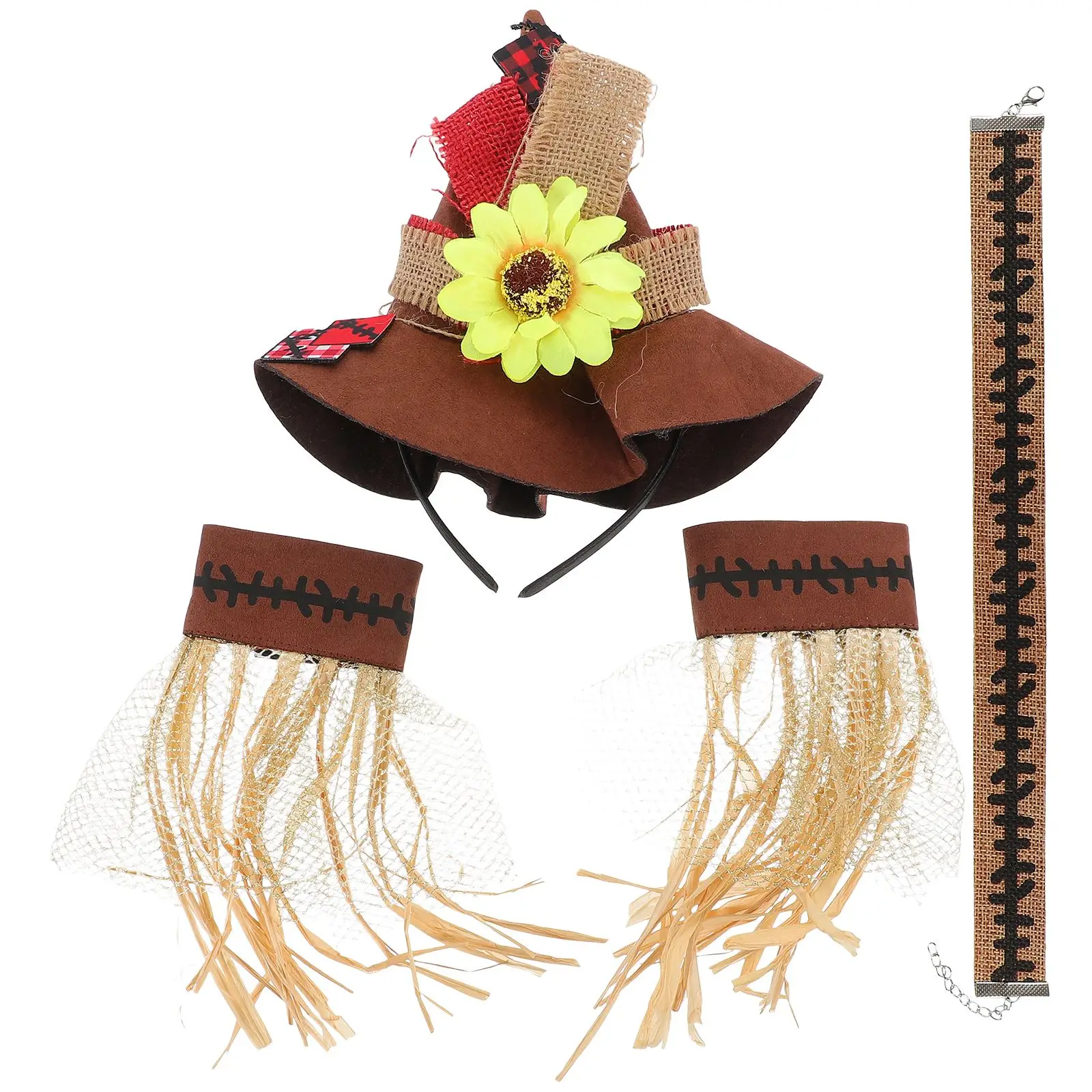 4 Pcs in 1 Set Halloween Costume Accessories Straw Hat Wristband Necklace Decoration Cosplay Adornment for Adults Carnival