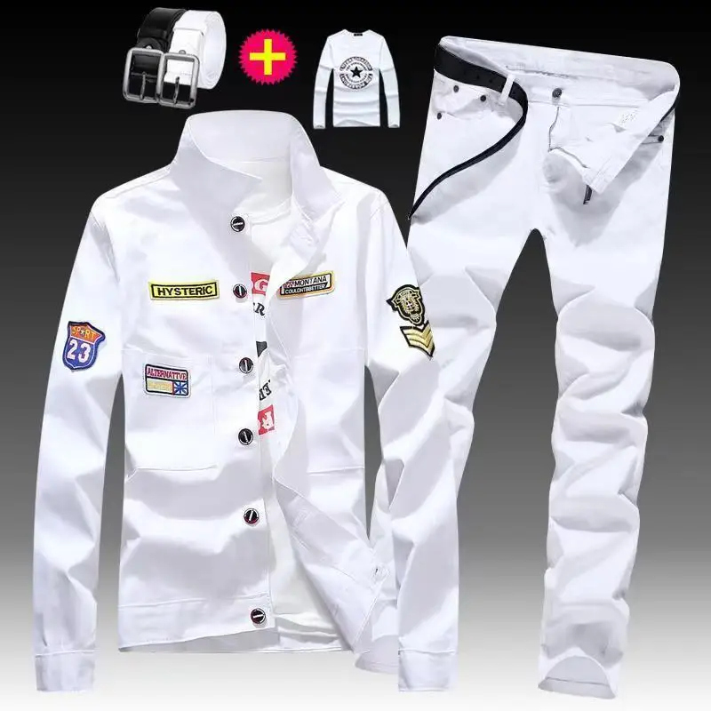Spring Autumn Mens Denim Jacket + Jeans Set Fashion Single Breasted Coat Trousers Two Piece Denim suit Cowboy Sets