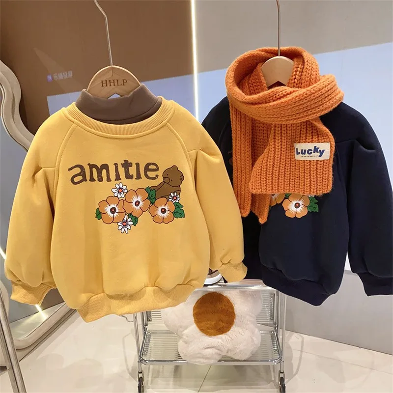 

Осень-зима 2024, Детская толстовка для девочек, толстый Топ для маленьких девочек с буквенным принтом, однотонный пуловер для маленьких девочек с длинным рукавом