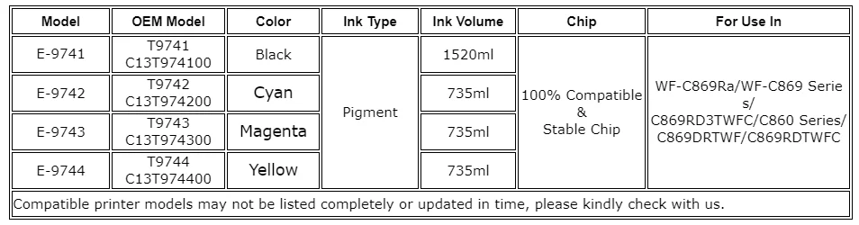 For  C869 T974 T9741 T9742 T9743 T9744 Premium Color Compatible Ink Bag Cartridg