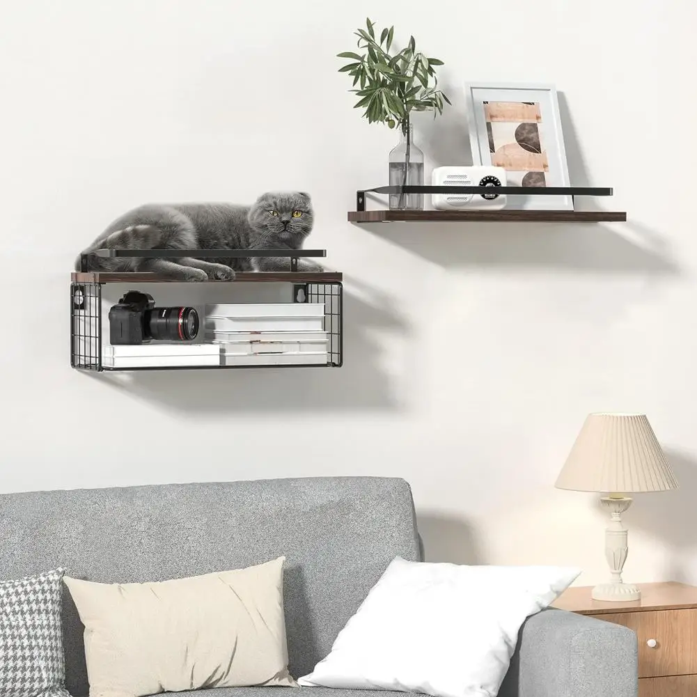 

Rust-proof Bathroom Organizer Versatile Bathroom Storage Wall Mount Wooden Floating Shelf with Metal Wire Mesh for Organized