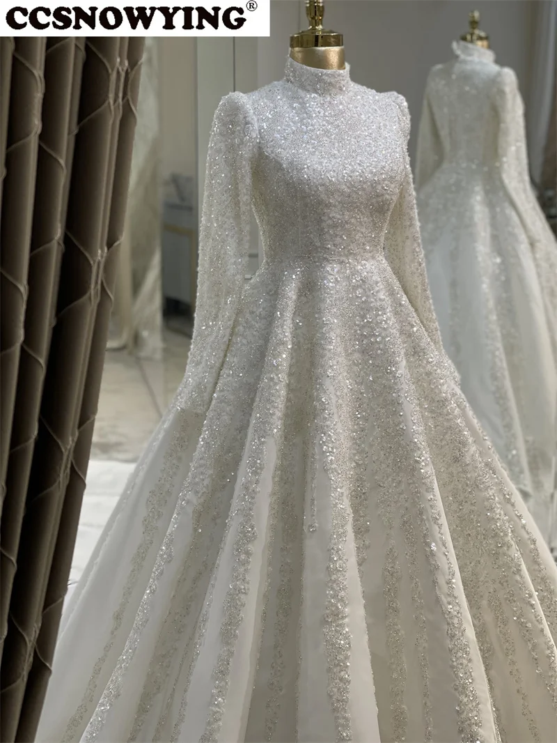 Luxury Satin Appliques Wedding Dress for Bride Long Sleeve High Neck Dubai Arabic Hijab Muslim Bride Gown Vestidos De Novia 4
