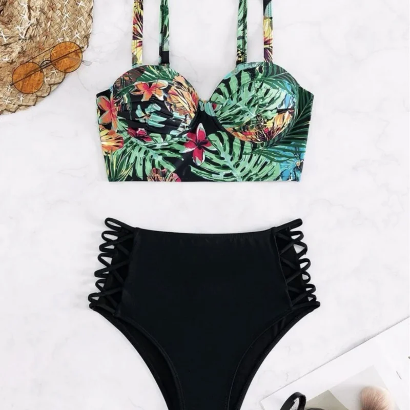 2024New Sexy Hard Cup Steel Bracket Printed Split SwimsuitbikiniWholesale Hot Sale