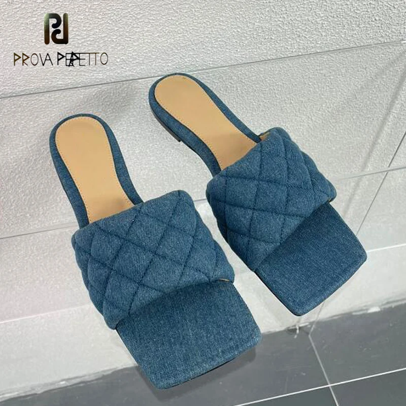 

Deep Blue Denim Slipper Shoes New Arrival Square Toe High Heel Sexy Slides Mules Slip on Deep Mouth Elegant Summer Dress Shoe