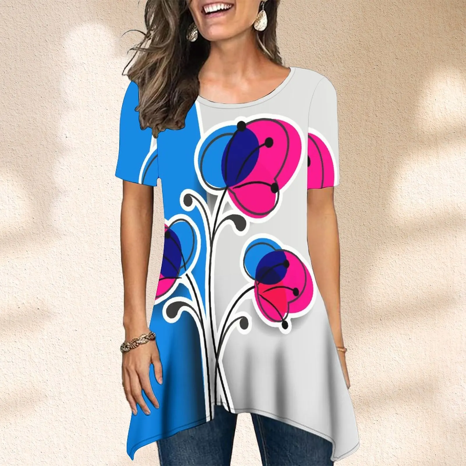 

Summer Women's Short Sleeve T-Shirt Blouse Fashion Flower Colorful Print T-shirts Tee Shirt