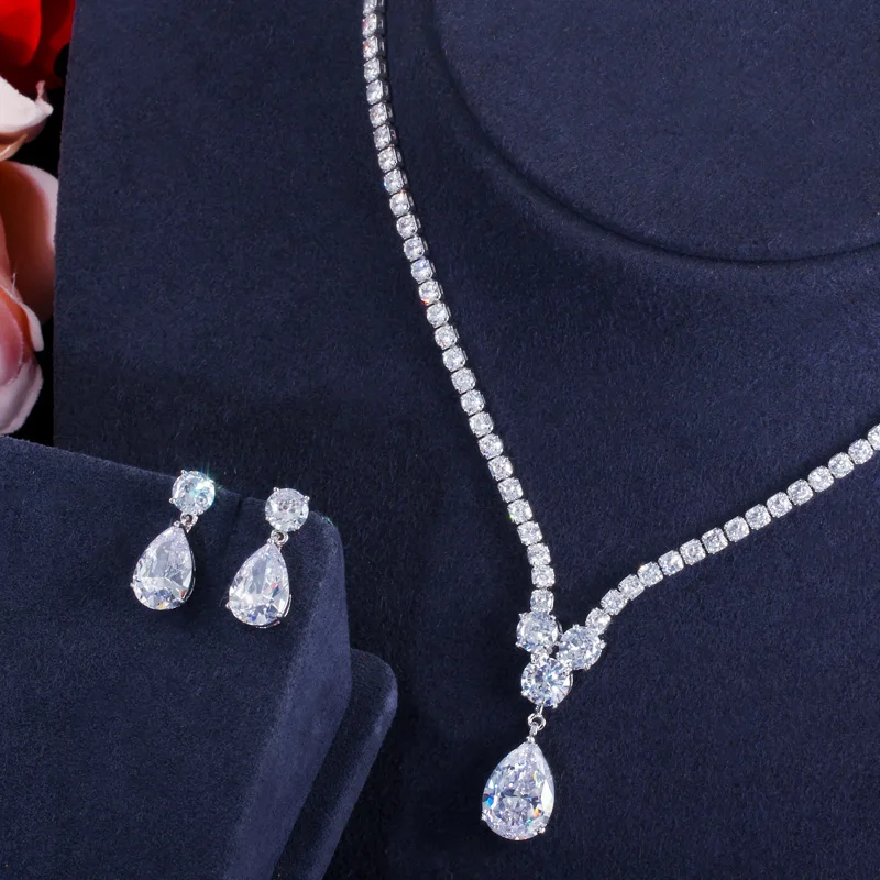 Bridal Jewelry Sets Cubic Zirconia Water Drop Pendant Necklace and Earrings