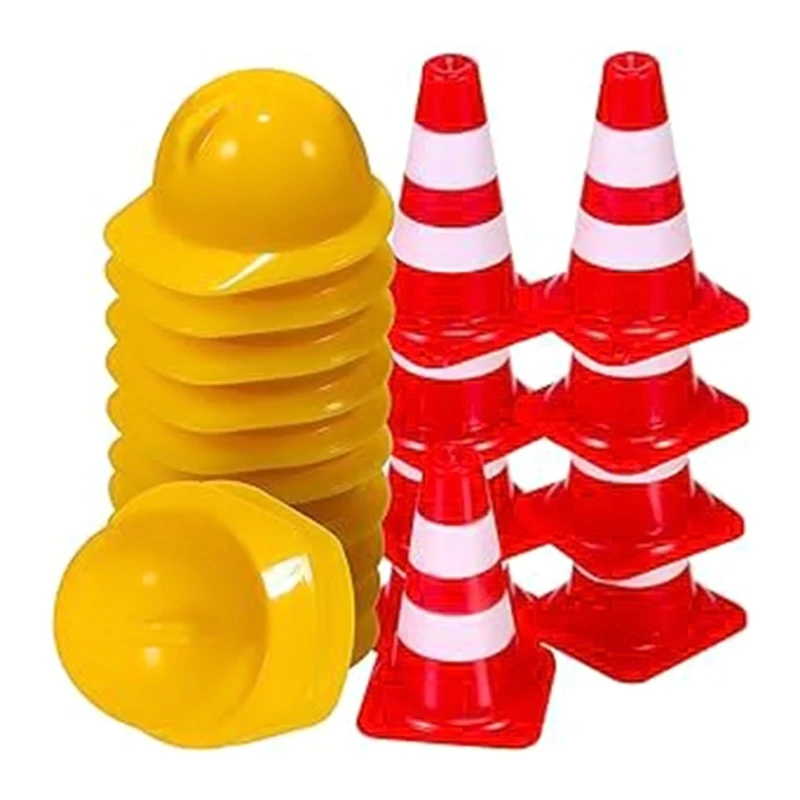 DXAB 50Pcs Mini Cones and 50 Safety Hats, 1Inch Signs Safety Cones Mini Road Signs Toy for Kids Street Signs