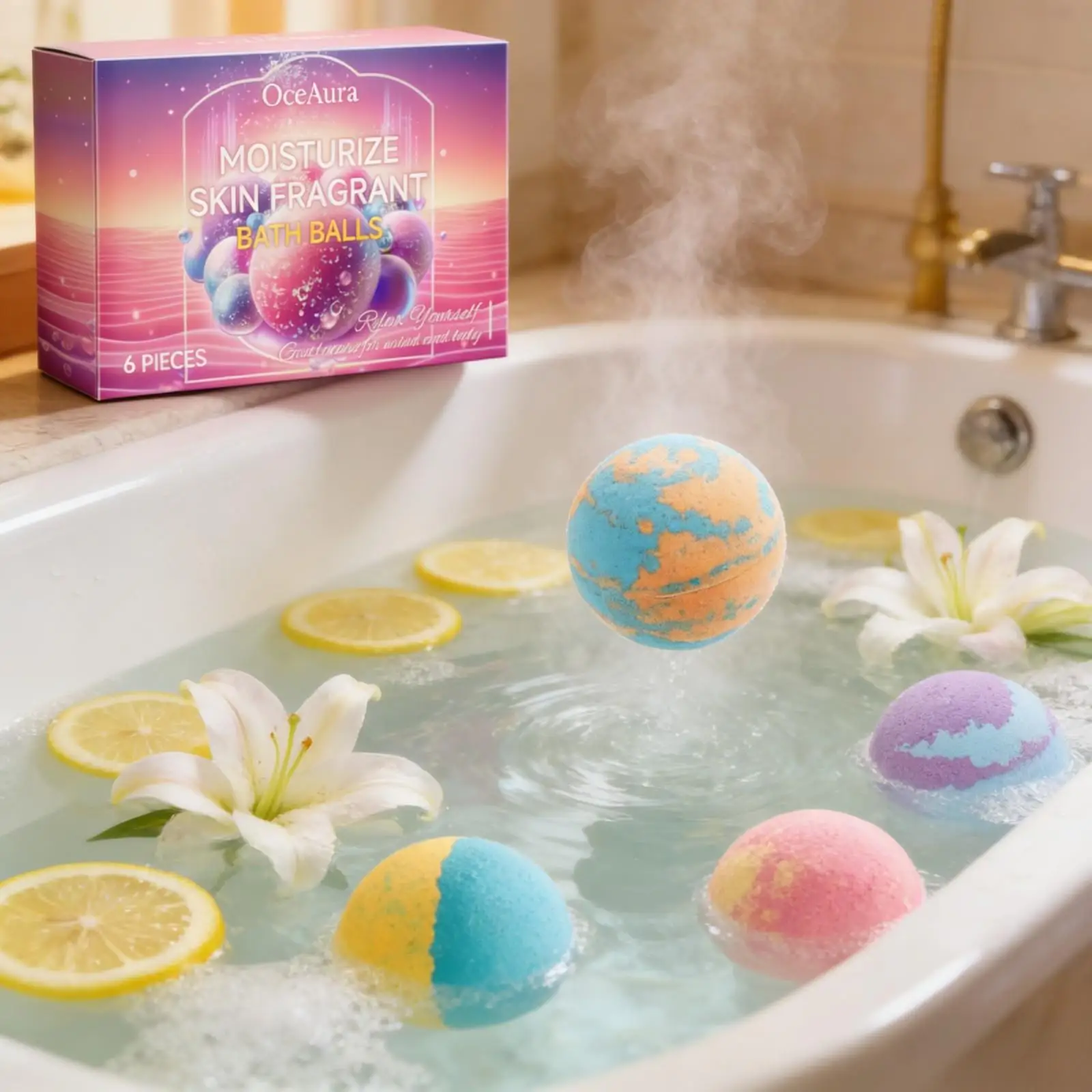OceAura Palline Effervescenti da Bagno per Donne, Morbide e Lisce, Cura del Corpo, Idratanti, Migliorano l'Elasticità della Pelle, Set Regalo per la Doccia 6 Pezzi - immagine 4