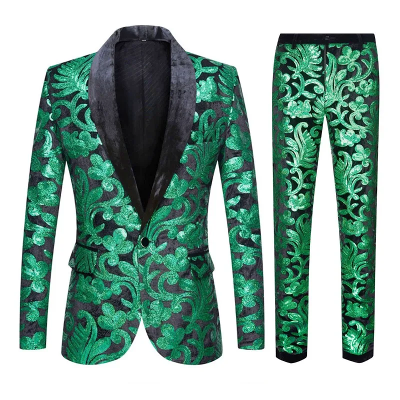 Mens Suit 2 Piece White Colorful Velvet Sequins Party DJ Club Dress Tuxedo Suit Blazer+Pants Stage Singer Wedding Suits for Men