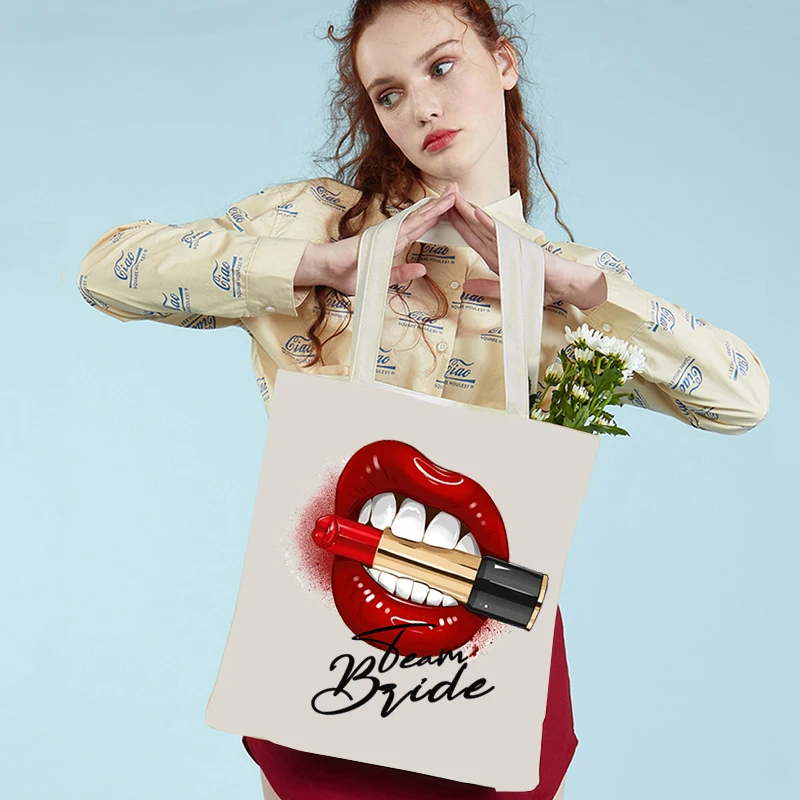 

Handbags Women Sexy Lips Graphics Reusable Shopping Bag Team Bride Supermarket Bag Wedding Canvas Tote Bag Side Bag for Ladies
