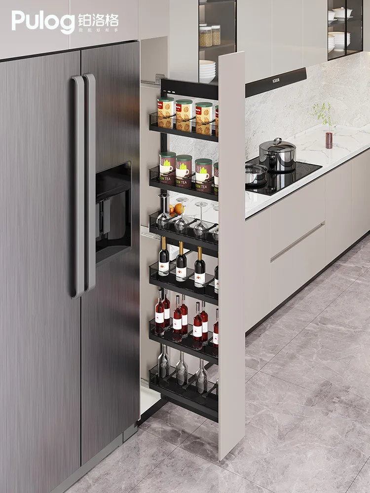 

Kitchen size monster cabinet, refrigerator side seam, high cabinet, pull basket, snack cabinet, pull basket, high and deep side